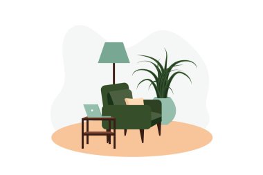 Modern dekorlu, İskandinav tarzında şık bir daire. Samimi döşenmiş oturma odası. Çizgi film düz vektör çizimi. Parlak, şık ve rahat mobilyalar.