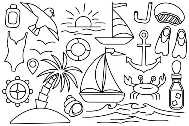 Denizde yaz tatili. Plaj işleri. Tatil için bir şeyler biriktiriyorum. Vektör çizgisi simgesi. Düzenlenebilir felç. Doodle tarzı