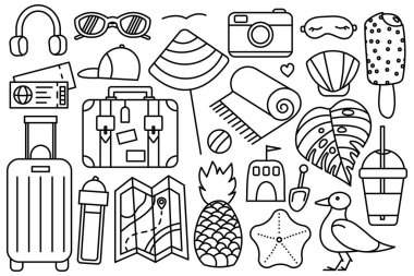 Denizde yaz tatili. Plaj işleri. Tatil için bir şeyler biriktiriyorum. Vektör çizgisi simgesi. Düzenlenebilir felç. Doodle tarzı