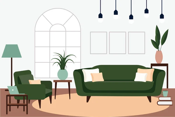 Κομψό Εσωτερικό Διαμέρισμα Σκανδιναβικό Στυλ Μοντέρνα Διακόσμηση Άνετο Επιπλωμένο Σαλόνι — Διανυσματικό Αρχείο