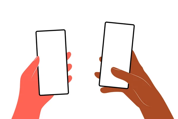 İnsan elleri yatay olarak cep telefonunu boş ekranla tutar. Boş ekranlı el ele tutuşan telefonlar taklit edilir. Düz vektör illüstrasyonuName