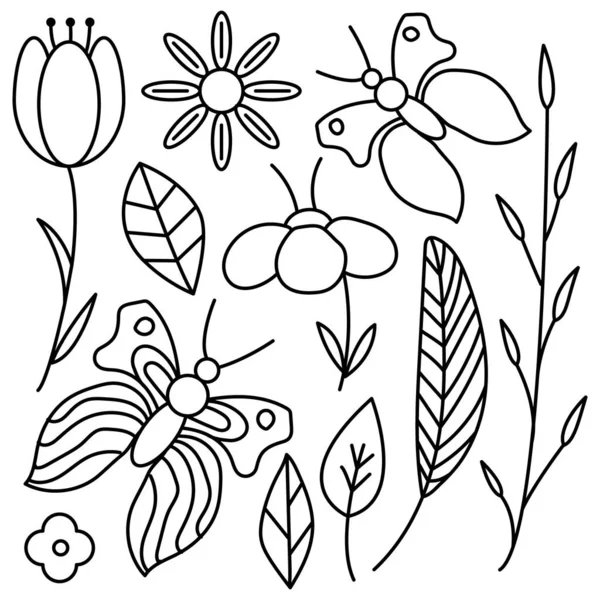 Kelebeklerle dolu bir çayırda bitkiler. Bahçede çiçekler ve yapraklar. Çiçek açan lale, Daisy. Vektör çizgisi simgesi. Düzenlenebilir felç. Doodle tarzı