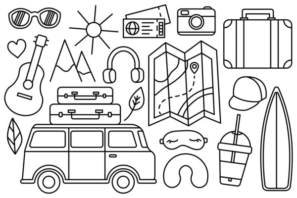 Travel to the mountains by the sea, hike. Eco tourism. Camping outdoor recreation. Vector line icon. Editable stroke. Doodle style