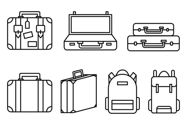 Bagage Ikoner Set Och Insamling Ryggsäck Handväska Resväska Portfölj Budbärarväska — Stock vektor
