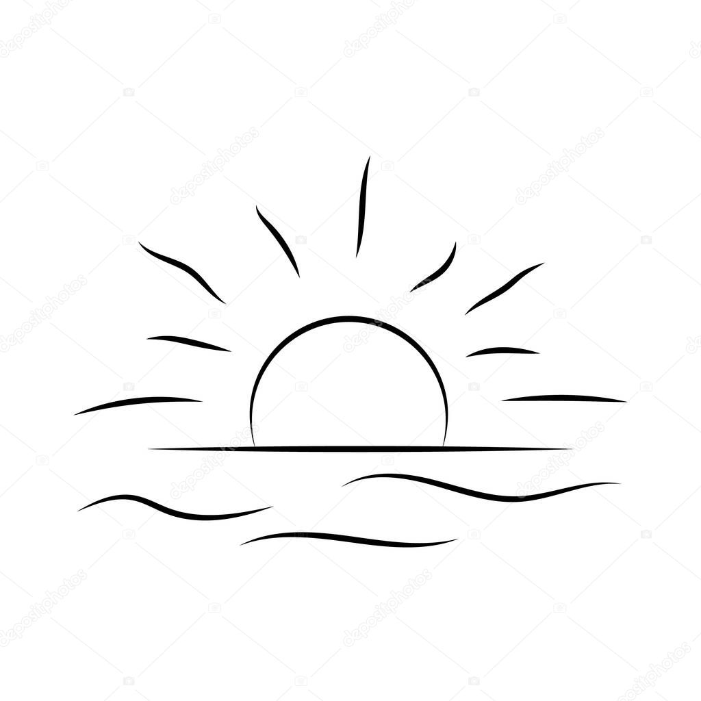 Sunrise over the sea. Sunset over the ocean. The sun is over the water. Vector line icon. Editable stroke