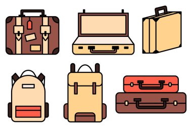 Bavullar hazır ve toplanıyor. Sırt çantası, çanta, çanta, çanta, kurye çantası, tramvay, seyahat çantası. İnce çizgi simgeleri. Düzenlenebilir vuruş simgesi. Vektör illüstrasyonu