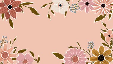 Soyut sanat arka plan vektörü. Moda bitkileri çerçevesi. Arkaplan rengi çiçekler, dekoratif güzel bahçeler. Yaz indirimi afişi için bitki yaprakları ve çiçek desenli tasarım