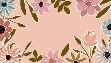 Soyut sanat arka plan vektörü. Moda bitkileri çerçevesi. Arkaplan rengi çiçekler, dekoratif güzel bahçeler. Yaz indirimi afişi için bitki yaprakları ve çiçek desenli tasarım