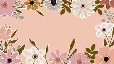 Soyut sanat arka plan vektörü. Moda bitkileri çerçevesi. Arkaplan rengi çiçekler, dekoratif güzel bahçeler. Yaz indirimi afişi için bitki yaprakları ve çiçek desenli tasarım