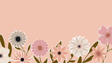 Çiçekler ve yapraklarla süslenmiş yatay arkaplan. Soyut sanat arka plan vektörü. Moda bitkileri çerçevesi. Çiçek bahçesi. Yaz için botanik çiçek deseni tasarımı