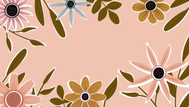 Soyut sanat arka plan vektörü. Moda bitkileri çerçevesi. Arkaplan rengi çiçekler, dekoratif güzel bahçeler. Yaz indirimi afişi için bitki yaprakları ve çiçek desenli tasarım