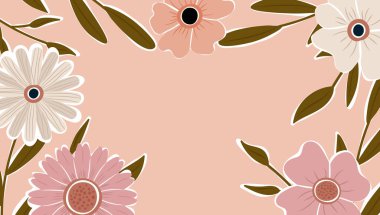 Soyut sanat arka plan vektörü. Moda bitkileri çerçevesi. Arkaplan rengi çiçekler, dekoratif güzel bahçeler. Yaz indirimi afişi için bitki yaprakları ve çiçek desenli tasarım