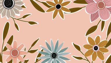 Soyut sanat arka plan vektörü. Moda bitkileri çerçevesi. Arkaplan rengi çiçekler, dekoratif güzel bahçeler. Yaz indirimi afişi için bitki yaprakları ve çiçek desenli tasarım