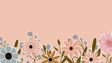 Çiçekler ve yapraklarla süslenmiş yatay arkaplan. Soyut sanat arka plan vektörü. Moda bitkileri çerçevesi. Çiçek bahçesi. Yaz için botanik çiçek deseni tasarımı