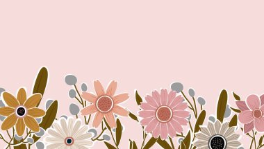 Çiçekler ve yapraklarla süslenmiş yatay arkaplan. Soyut sanat arka plan vektörü. Moda bitkileri çerçevesi. Çiçek bahçesi. Yaz için botanik çiçek deseni tasarımı