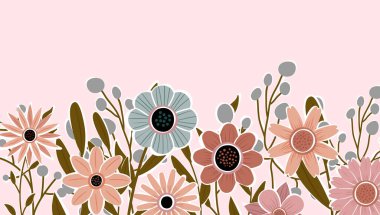 Çiçekler ve yapraklarla süslenmiş yatay arkaplan. Soyut sanat arka plan vektörü. Moda bitkileri çerçevesi. Çiçek bahçesi. Yaz için botanik çiçek deseni tasarımı