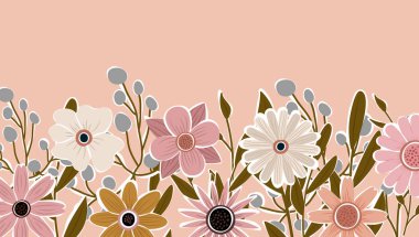 Çiçekler ve yapraklarla süslenmiş yatay arkaplan. Soyut sanat arka plan vektörü. Moda bitkileri çerçevesi. Çiçek bahçesi. Yaz için botanik çiçek deseni tasarımı