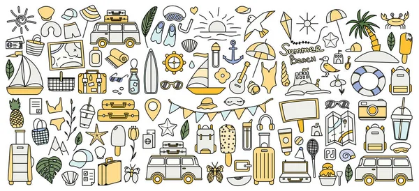 Dağlara ve denize yolculuk için gerekli eşyalarla dolu büyük bir set. Tatilde bir sürü seyahat eşyası. Yaz koleksiyonu. Vektör çizgisi simgesi. Düzenlenebilir felç. Doodle tarzı