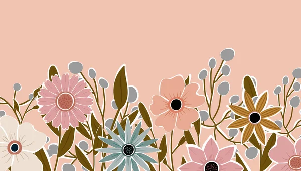 Fond Horizontal Décoré Fleurs Feuilles Fleuries Bordure Art Abstrait Nature — Image vectorielle