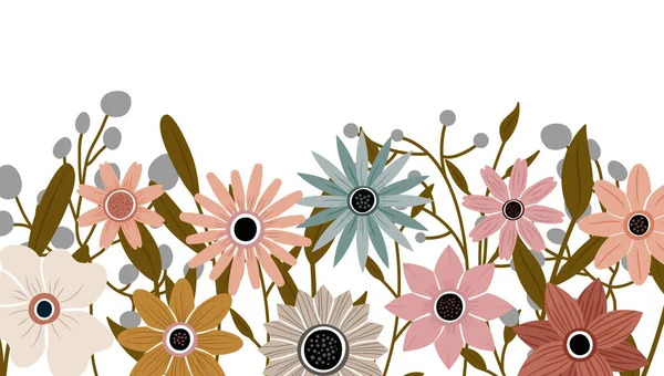 Horizontale Kulisse Mit Blühenden Blumen Und Blättern Rand Dekoriert Abstrakte — Stockvektor