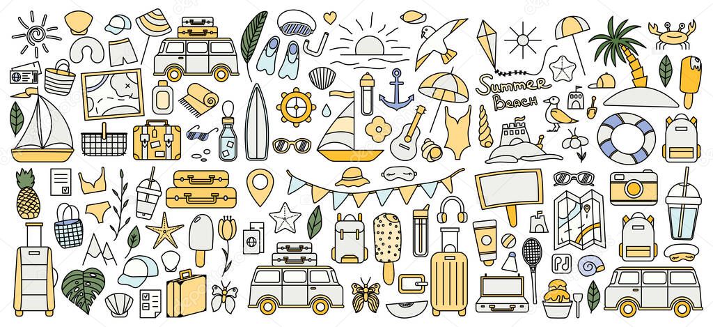 A large set with things for traveling to the mountains and the sea. Set of travel things on vacation. Summer collection. Vector line icon. Editable stroke. Doodle style