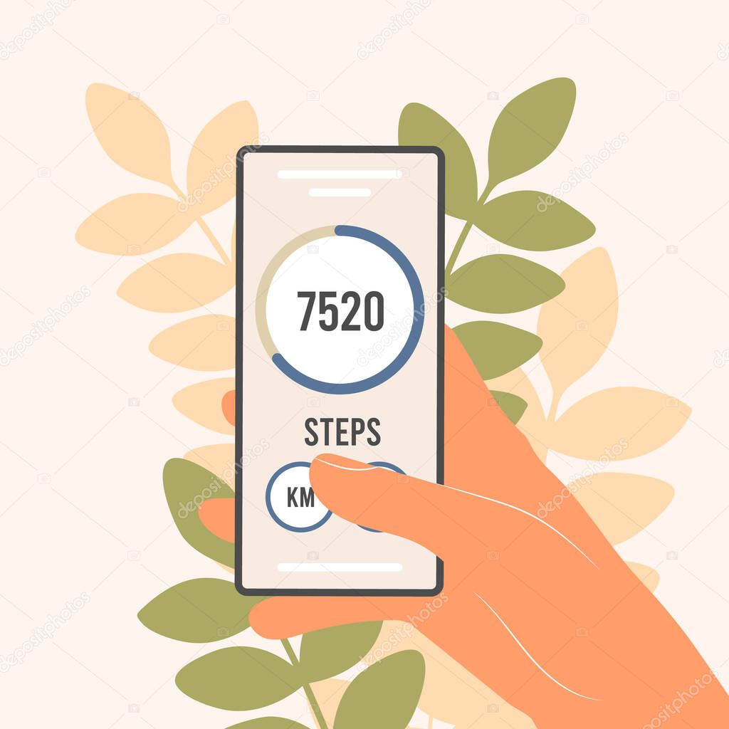 Pedometer in a mobile phone. An application that counts steps and tracks your walking progress. The hand of a man, a woman holds a smartphone with a fitness tracker. Flat vector illustration