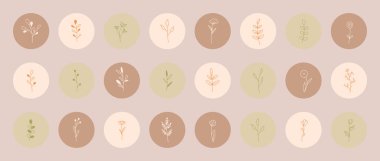 Yapraklı bitkiler ve çiçekler minimalist basit bir şekilde. El yapımı çiçek logosu. Botanik tek çizgi simgeleri ayarlandı. Günlük hesabı ve sosyal medya için yuvarlak fosforlu kalemler kümesi. Vektör.