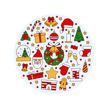 Noel sembolleri ve Mutlu Yıllar desenleri. Kartpostal, kumaş, pankart, tebrik için şablon ve ambalaj kâğıdı. Vektör düz resimleme