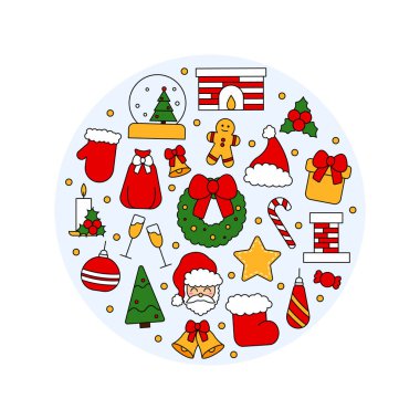 Noel sembolleri ve Mutlu Yıllar desenleri. Kartpostal, kumaş, pankart, tebrik için şablon ve ambalaj kâğıdı. Vektör düz resimleme