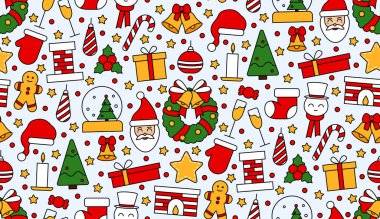 Noel ve Mutlu Yıllar sembolleriyle kusursuz tekrarlanan bir şablon. Kartpostal, kumaş, pankart, tebrik için şablon ve ambalaj kâğıdı. Vektör düz resimleme