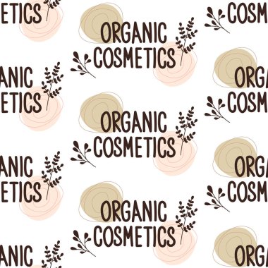 Bitkilerde kusursuz tekrarlayan desen. Organik kozmetik harfleri. Bitkisel botanik silueti. Doğal ekolojik ürünler için kavram. Kartpostallar, afişler, şablonlar ve ambalaj kağıtları için moda tarzı