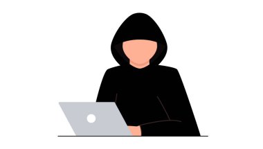 Hacker saldırısı. Sosyal ağlarda kullanıcı verisi olan dolandırıcılık. İnternet dolandırıcılığı, şifre kırma. Siber suç ve suç. İnternetteki bir sitedeki hırsız. Bilgisayarın arkasındaki suçlu..