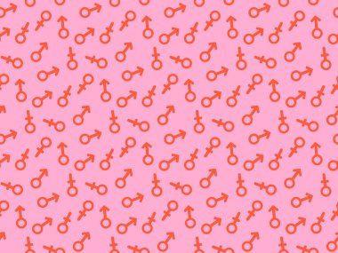 Erkek ve kadın cinsiyet simgesi ile kusursuz tekrarlanan desen. Eşitlik ve cinsiyet ilişkilerinin sembolü. Soyut minimalist modern duvar kağıdı. Arkaplan vektör illüstrasyonu.