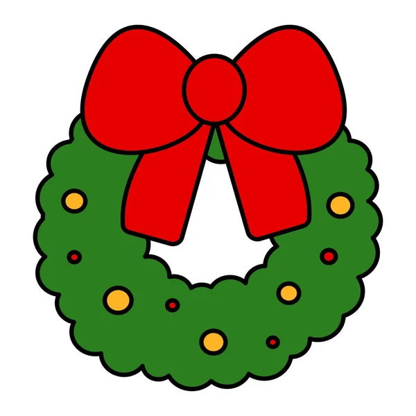 Corona Verde Navidad Con Lazo Rojo Bolas Elemento Para Celebración — Vector de stock