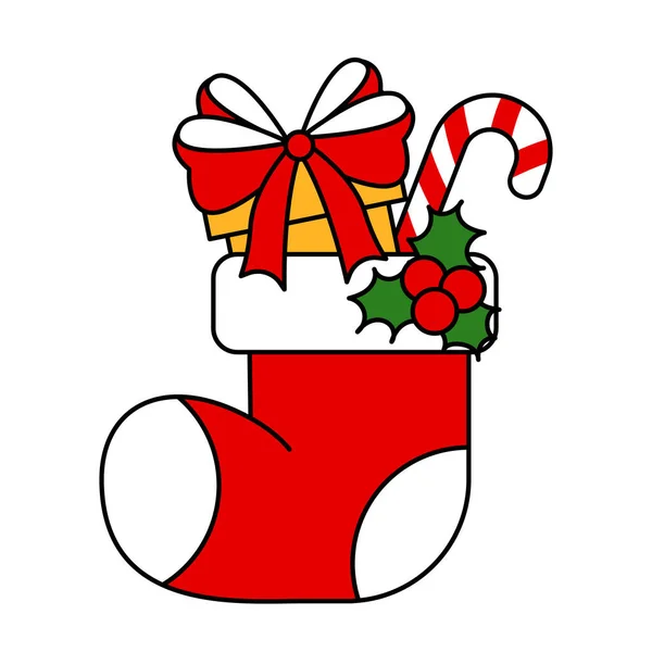 Calcetín Rojo Con Regalos Santa Claus Con Amela Caja Regalo — Vector de stock