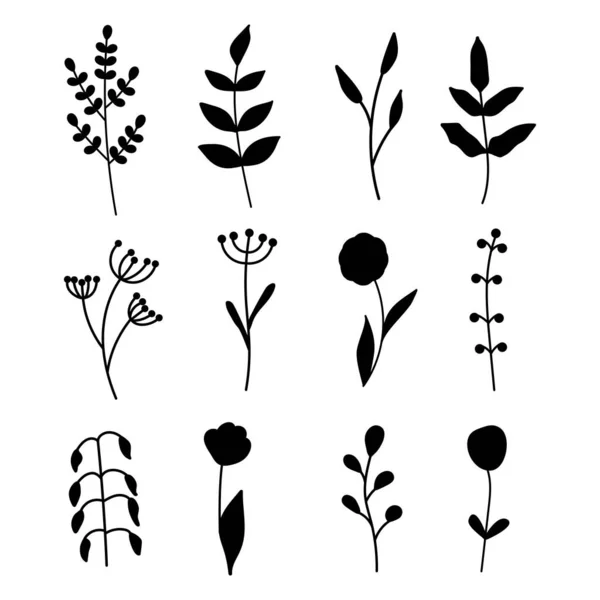 Collection of minimalistic simple floral elements. Graphic sketch. Fashionable tattoo design. Flowers, grass and leaves. Botanical natural elements. Vector illustration. Outline, line, doodle style. — Stock Vector