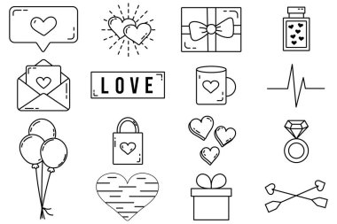Bir dizi düzenlenebilir vektör elemanı. Yenilebilir felçli Sevgililer Günü koleksiyonu. Şirin illüstrasyonlar. Bir aşk mektubu. Beyaz arkaplanda izole simgeler.