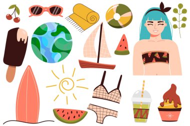 Plaj için bir dizi yaz eşyası. Güneşli bir ülkeye git. Bikinili mutlu kız denizde dinleniyor. Mayolu bir kadın, suyun kenarında güneşlenir ve dinlenir. Yaz tatili. vektör