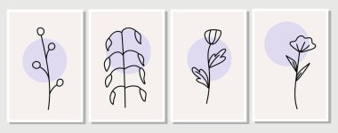 Soyut elementler, minimalist basit çiçek elementleri. Yapraklar ve çiçekler. Pastel renklerde sanat posterleri koleksiyonu. Sosyal ağlar, kartpostallar, baskılar için tasarım. Özet, satır, karalama biçimi