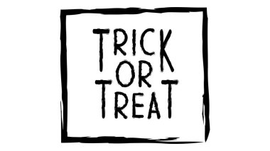 Tatil için yazıtlı bir mesaj pankartı. Mutlu Cadılar Bayramı Partisi. Şeker mi şaka mı? Örümceklerin ağıyla basit bir grunge çerçevesinde deseni olan desen. Siyah beyaz vektör illüstrasyonu