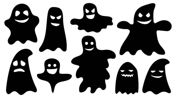 Sada Legračních Děsivých Halloweenských Duchů Přízračná Postava Tváří Prázdnin Zábavné — Stockový vektor
