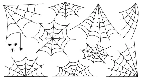 Pavučina Nastavena Halloween Dekorace Pavouky Děsivá Pavučina Opuštěném Místě Obrys — Stockový vektor