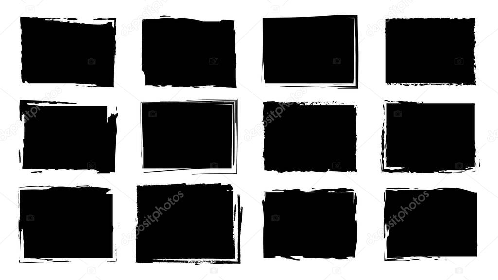 Dirty frames for design in grunge style. Ink brush strokes. A set of distress textures of a square or rectangular shape. Isolated backgrounds for design of text frames, posters, banners. Black, white