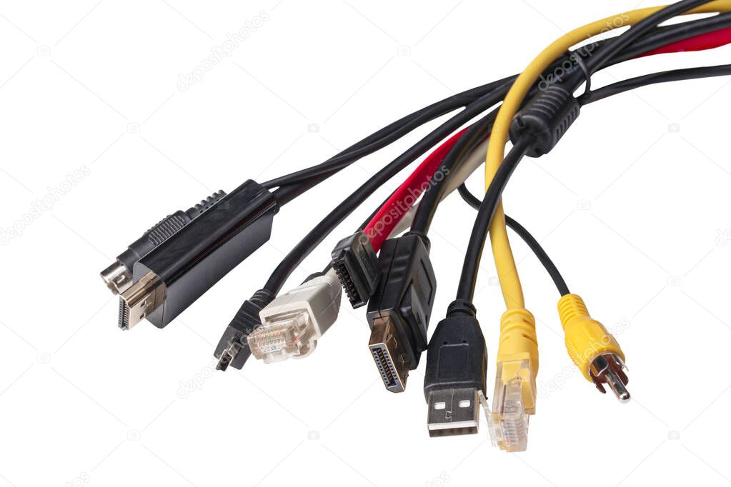 isolated set of computer cables on white background
