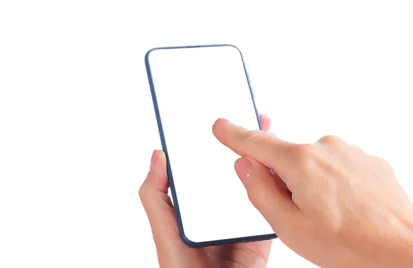 Smartphone Mano Alle Donne Isolato Sfondo Bianco Fingere Utilizzare Dispositivi — Foto Stock