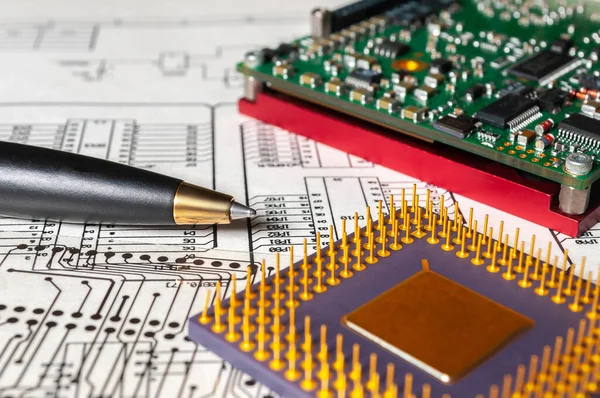 Placa Eletrônica Caneta Processador Componentes Rádio Estão Fundo Diagrama Circuito — Fotografia de Stock