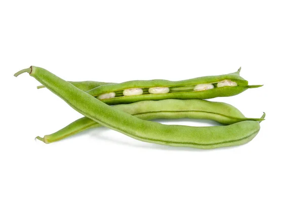 Verse Rijpe Groene Bonen Peulen Geïsoleerd Witte Achtergrond — Stockfoto