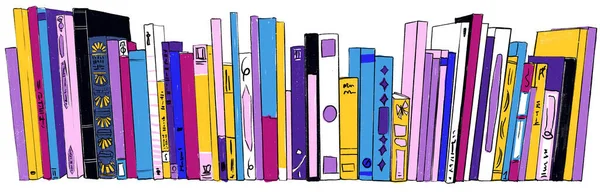 Stapel boeken op boekenplanken kleurrijke illustratie — Stockfoto