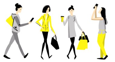 Sokakta yürüyen insanlar. Telefonlu alışveriş yapan genç bayan müzik dinliyor. Fotoğraf çek. Düz Vektör illüstrasyonu