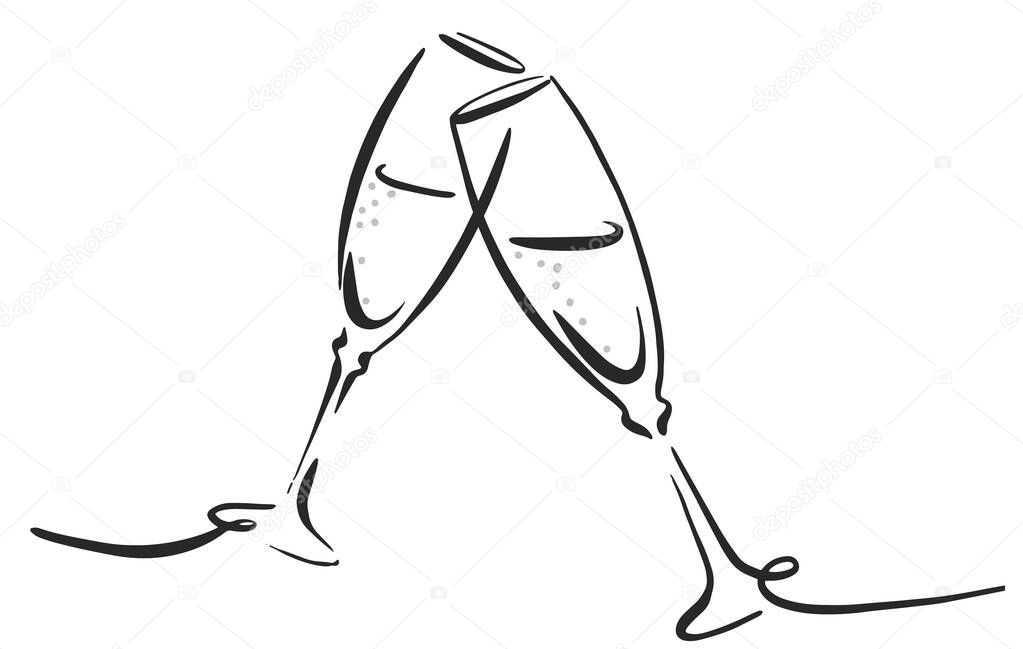Champagne cheers sketch hand drawn. Engraving style Vector illustration line art